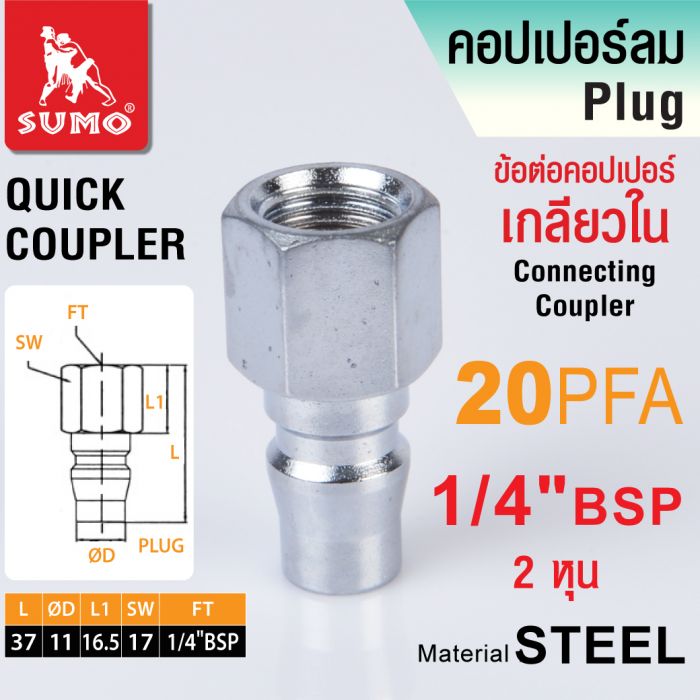 ข้อต่อคอปเปอร์เกลียวใน 20 PFA 1/4"