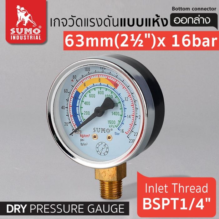 เกจวัดแรงดัน แบบแห้ง 63mm.x16barx1/4" ออกล่าง