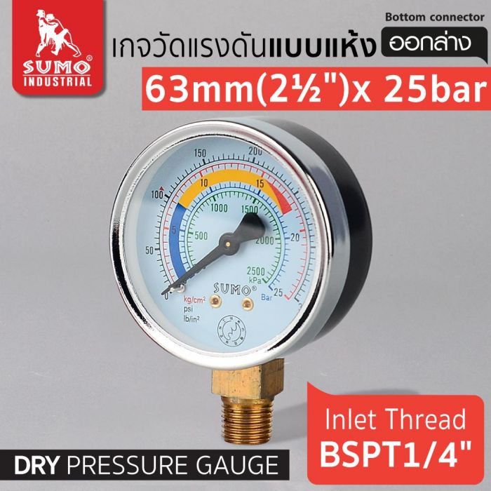 เกจวัดแรงดัน แบบแห้ง 63mm.x25barx1/4" ออกล่าง