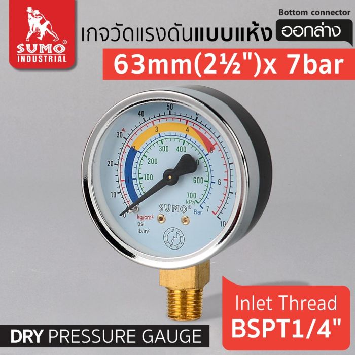 เกจวัดแรงดัน แบบแห้ง 63mm.x7barx1/4" ออกล่าง