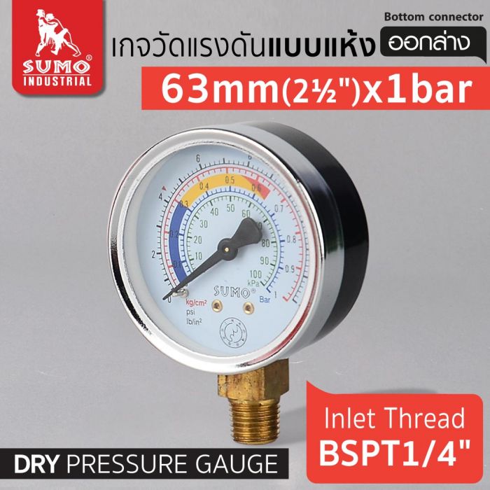 เกจวัดแรงดัน แบบแห้ง 63mm.x1barx1/4" ออกล่าง