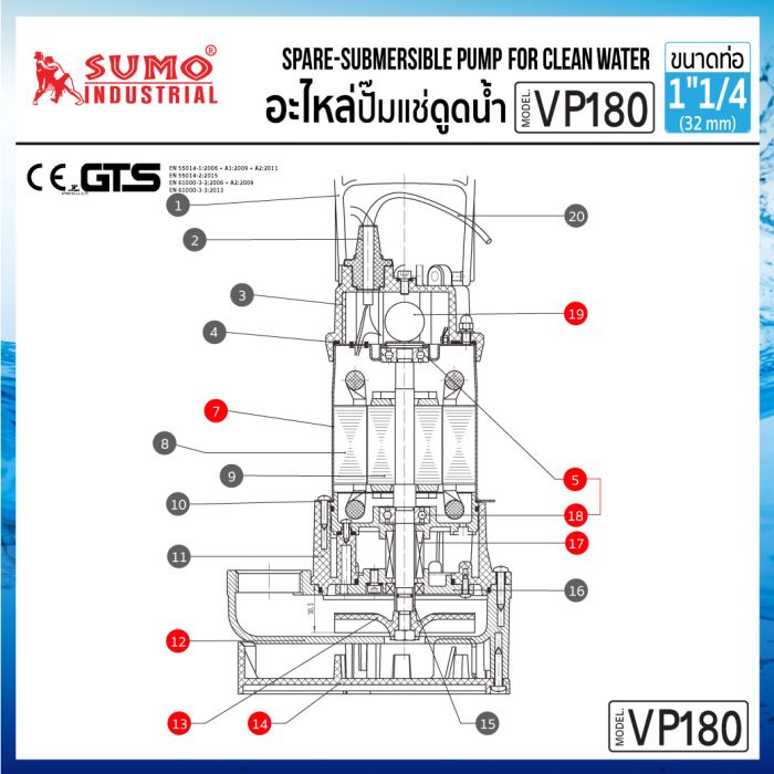อะไหล่ ปั๊มแช่ดูดโคลน 1-1/4" รุ่น VP180 SUMO