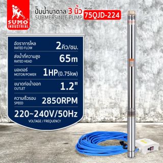 ปั๊มน้ำบาดาล รุ่น 75QJD-224 1.0HP SUMO