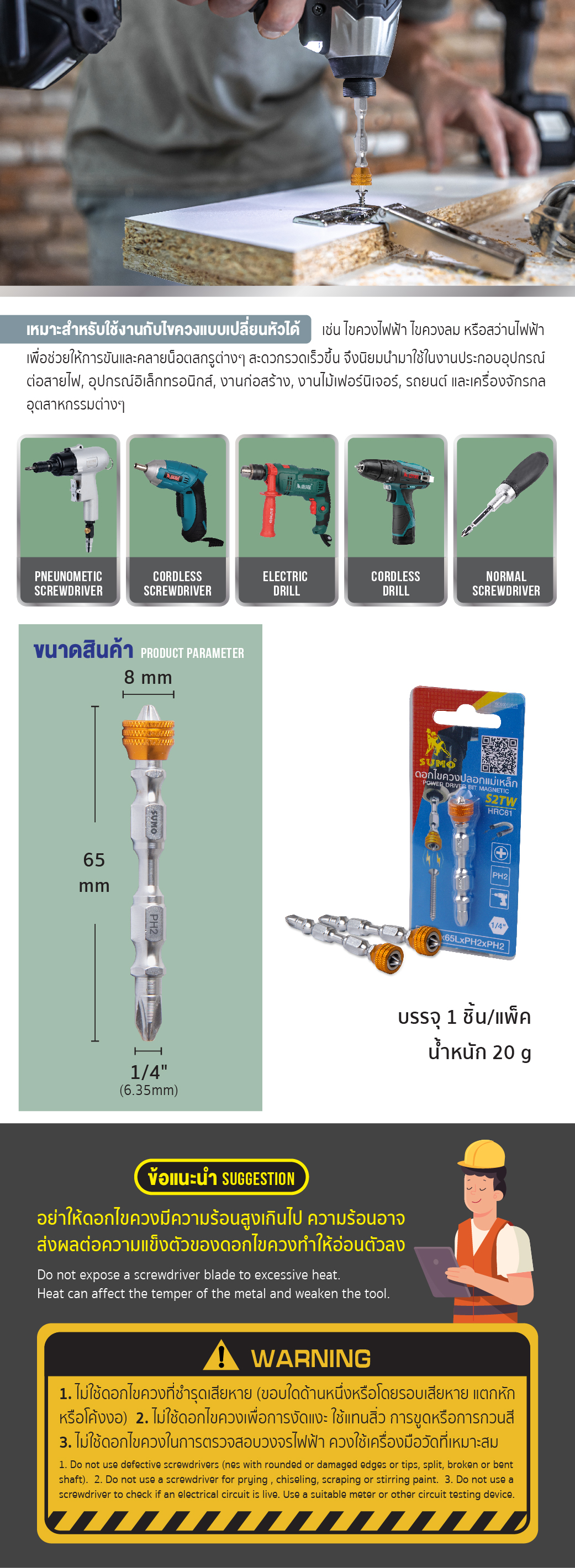ดอกไขควงปลอกแม่เหล็ก H1/4x65LxPH2xPH2 SUMO ข้อมูลสินค้า