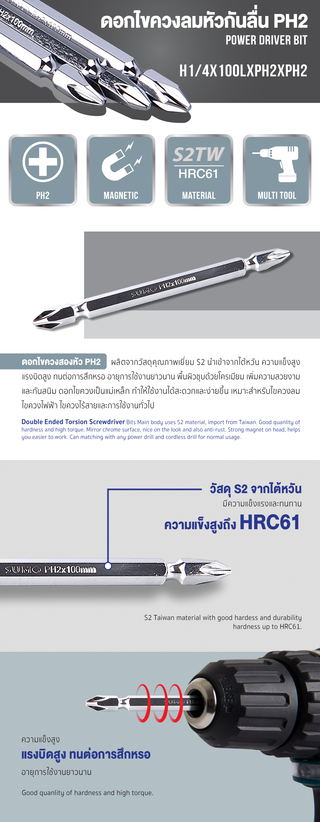 ดอกไขควงลมหัวกันลื่น H1/4x100LxPH2xPH2 SUMO แนะนำสินค้า