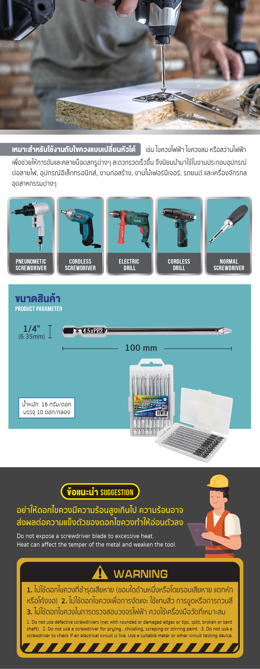 ดอกไขควงลมหัวกันลื่น H1/4x100Lx4.5xPH2 SUMO ข้อมูลสินค้า