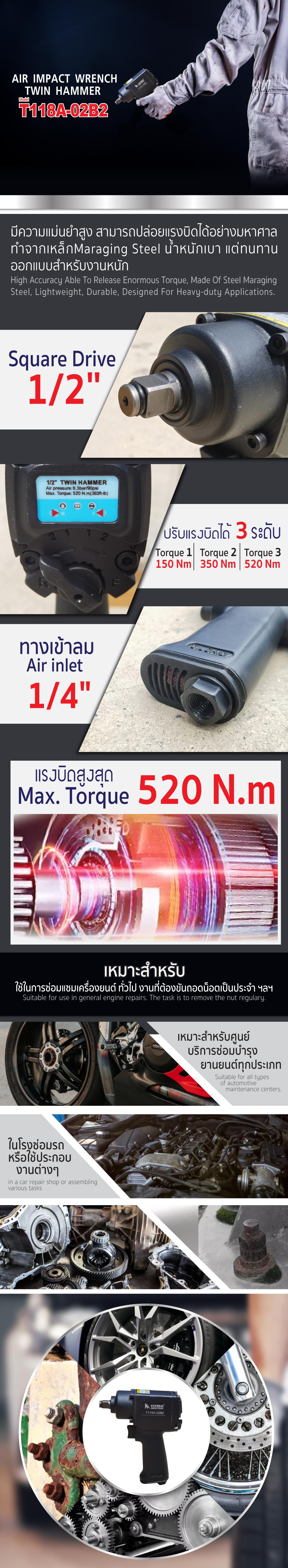 บล็อกลมค้อนคู่ 1/2" รุ่น T118A-02B2 SUMO แนะนำสินค้า