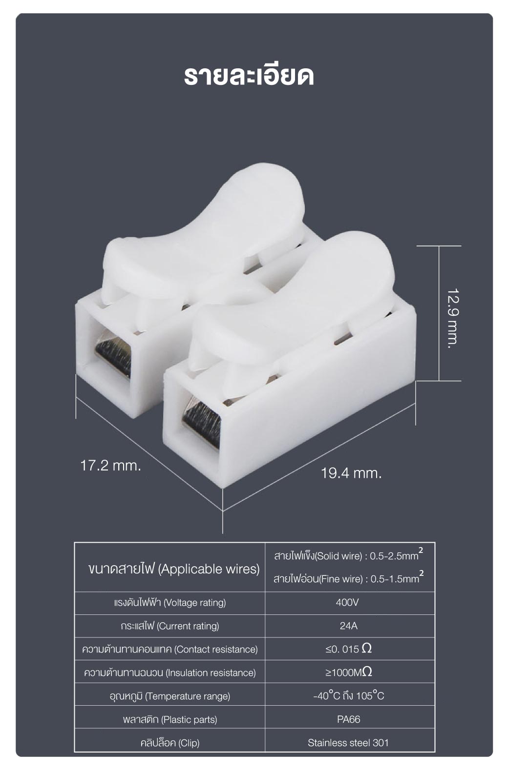 เต๋าหนีบสายไฟ 2 ช่อง